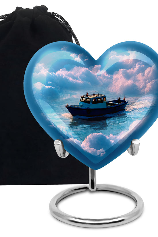 Misty Blue Boat Cremation Urn detail view - heart-shaped boat design symbolizing eternal love - full-size 10 inch 200 cubic inch adult cremation urn