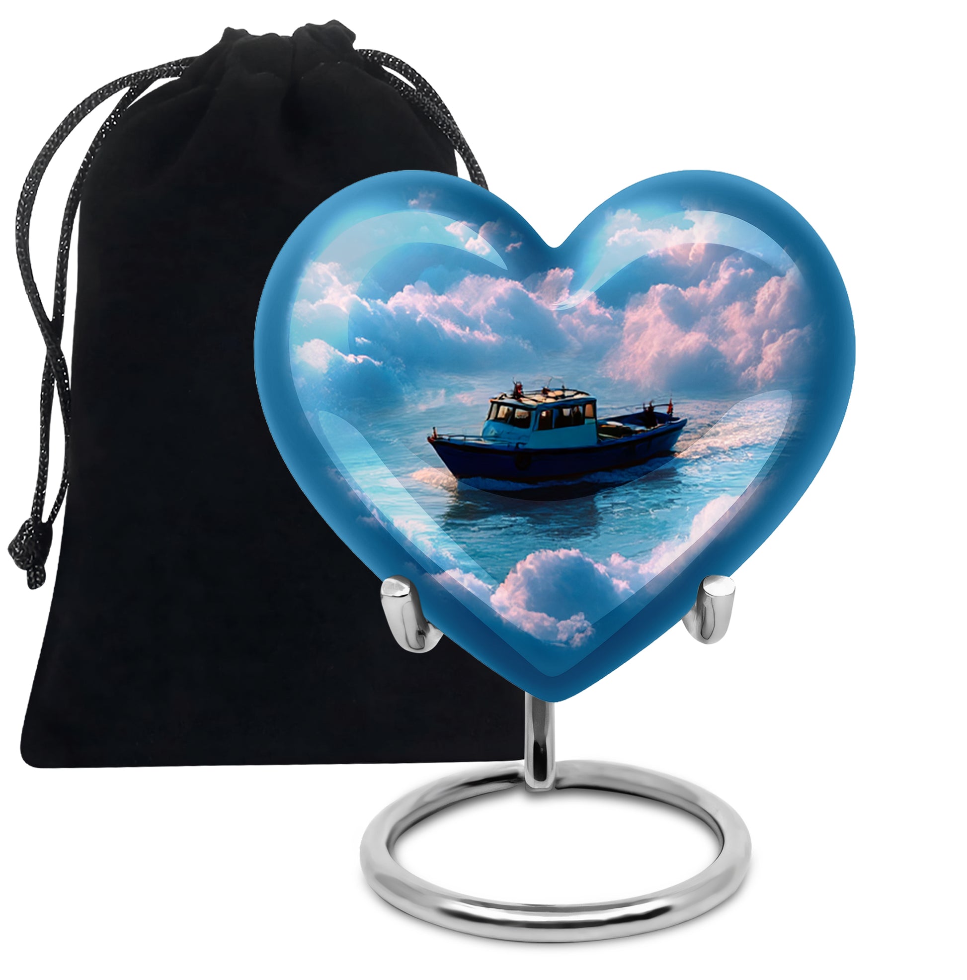 Misty Blue Boat Cremation Urn detail view - heart-shaped boat design symbolizing eternal love - full-size 10 inch 200 cubic inch adult cremation urn