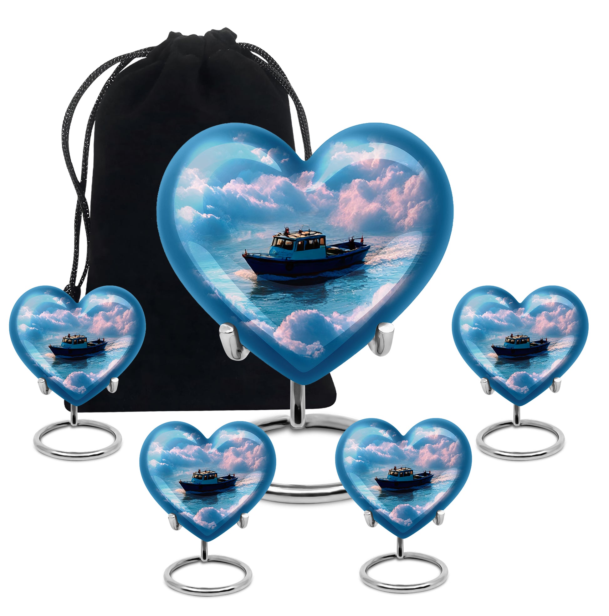 Steel Blue Boat Cremation Urn close-up of engraving and surface detail - romantic heart urn with boat motif on aluminum - memorial set with one large and four small urns