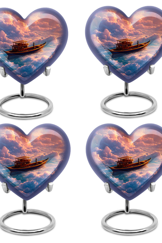 Crimson Red Boat Cremation Urn angled view of lid and engraved motif - heart-shaped boat design symbolizing eternal love - 10 inch aluminum urn for cremated remains