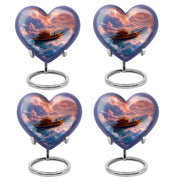 Crimson Red Boat Cremation Urn angled view of lid and engraved motif - heart-shaped boat design symbolizing eternal love - 10 inch aluminum urn for cremated remains