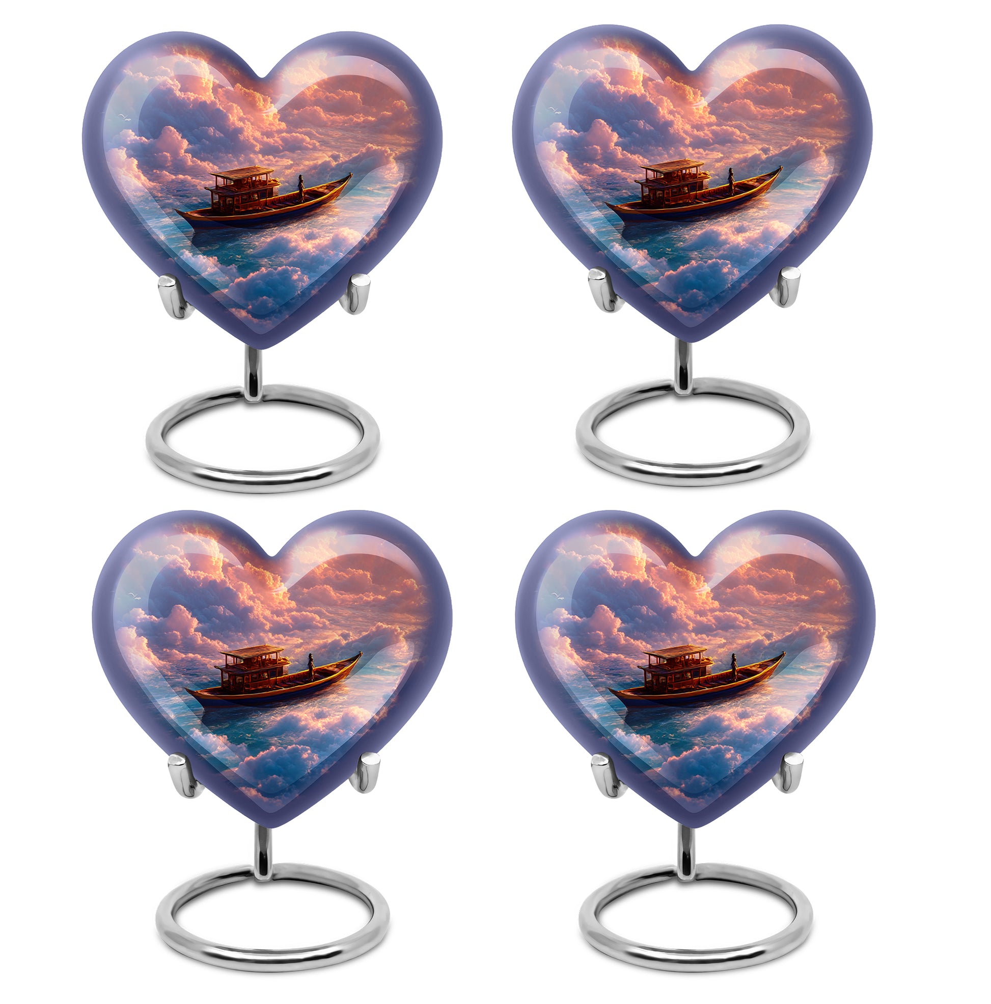 Crimson Red Boat Cremation Urn angled view of lid and engraved motif - heart-shaped boat design symbolizing eternal love - 10 inch aluminum urn for cremated remains