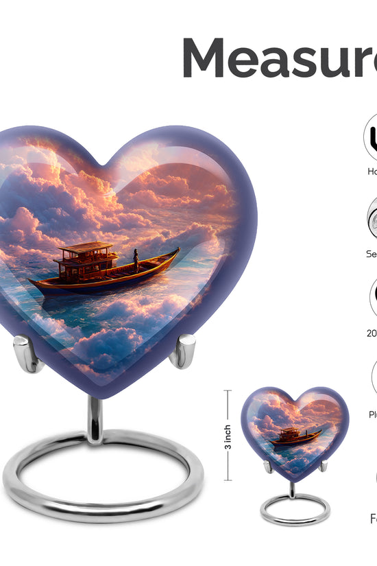 Cherry Red Boat Cremation Urn front view showing detailed design - compassionate heart-boat combination with gentle curves - mini keepsake memorial for portion of cremation ashes