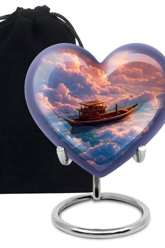 Scarlet Red Boat Cremation Urn detail view - compassionate heart-boat combination with gentle curves - full-size 10 inch 200 cubic inch adult cremation urn