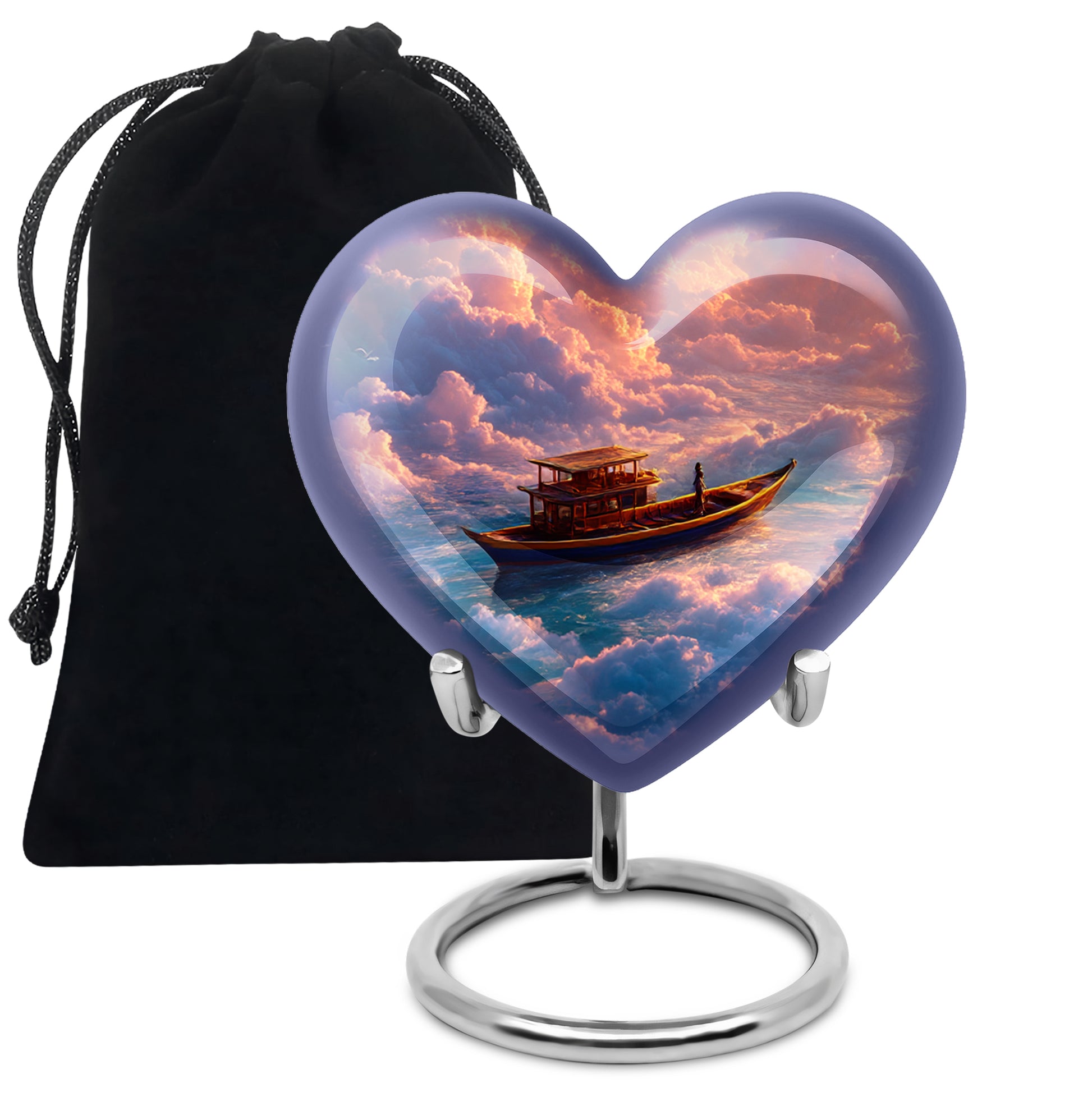 Scarlet Red Boat Cremation Urn detail view - compassionate heart-boat combination with gentle curves - full-size 10 inch 200 cubic inch adult cremation urn