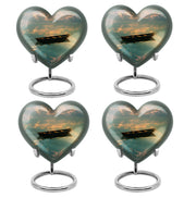 Dark Black Boat Cremation Urn angled view of lid and engraved motif - compassionate heart-boat combination with gentle curves - 10 inch aluminum urn for cremated remains