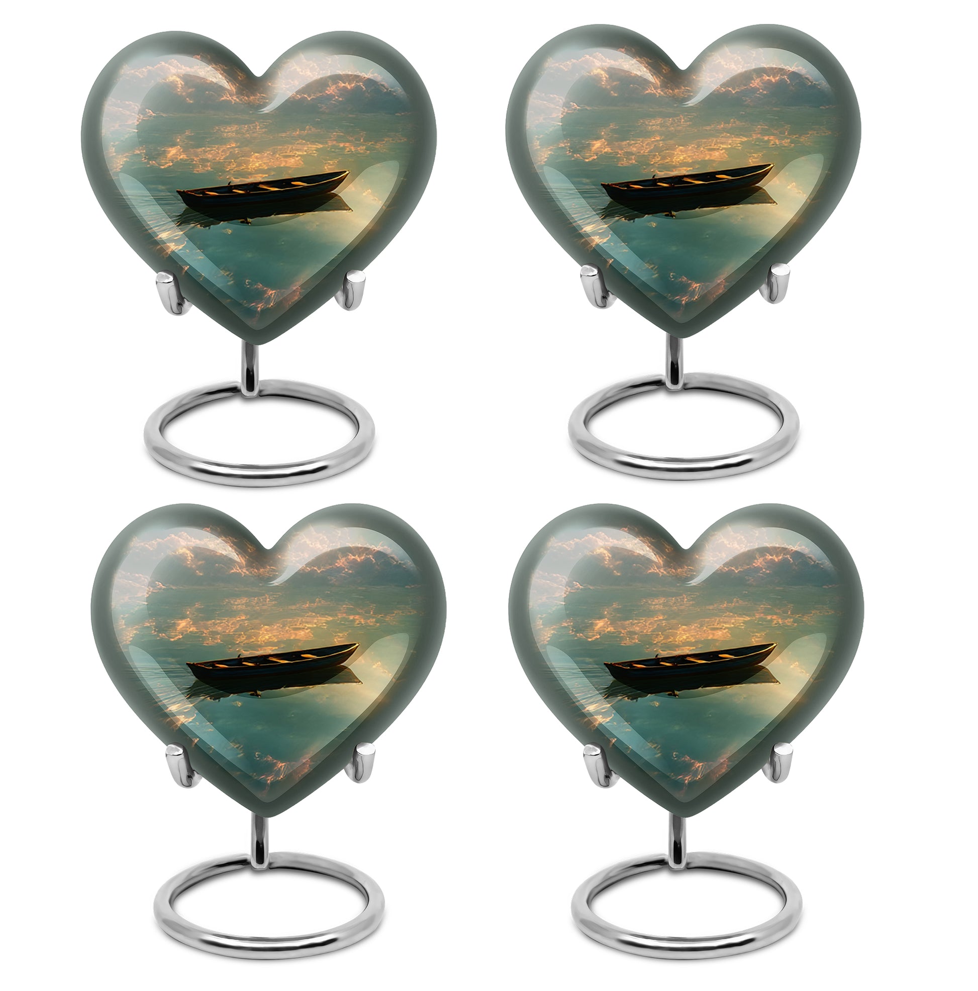 Dark Black Boat Cremation Urn angled view of lid and engraved motif - compassionate heart-boat combination with gentle curves - 10 inch aluminum urn for cremated remains