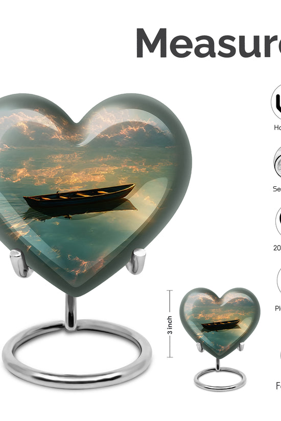 Ebony Boat Cremation Urn front view showing detailed design - loving heart memorial featuring boat pattern - mini keepsake memorial for portion of cremation ashes