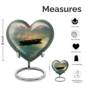 Ebony Boat Cremation Urn front view showing detailed design - loving heart memorial featuring boat pattern - mini keepsake memorial for portion of cremation ashes