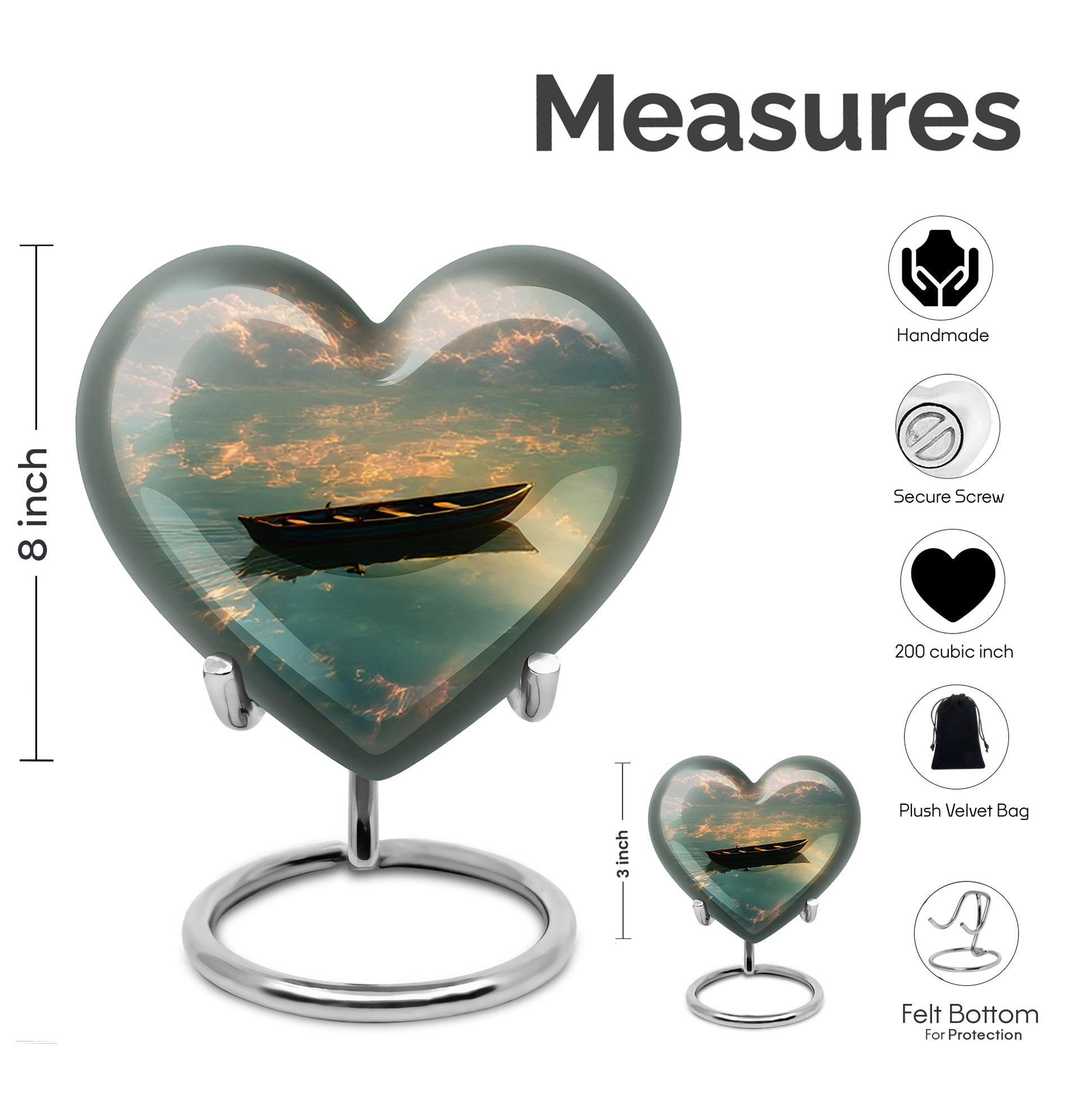 Ebony Boat Cremation Urn front view showing detailed design - loving heart memorial featuring boat pattern - mini keepsake memorial for portion of cremation ashes