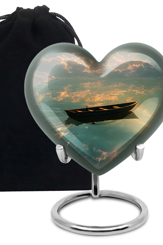 Midnight Black Boat Cremation Urn detail view - compassionate heart-boat combination with gentle curves - full-size 10 inch 200 cubic inch adult cremation urn