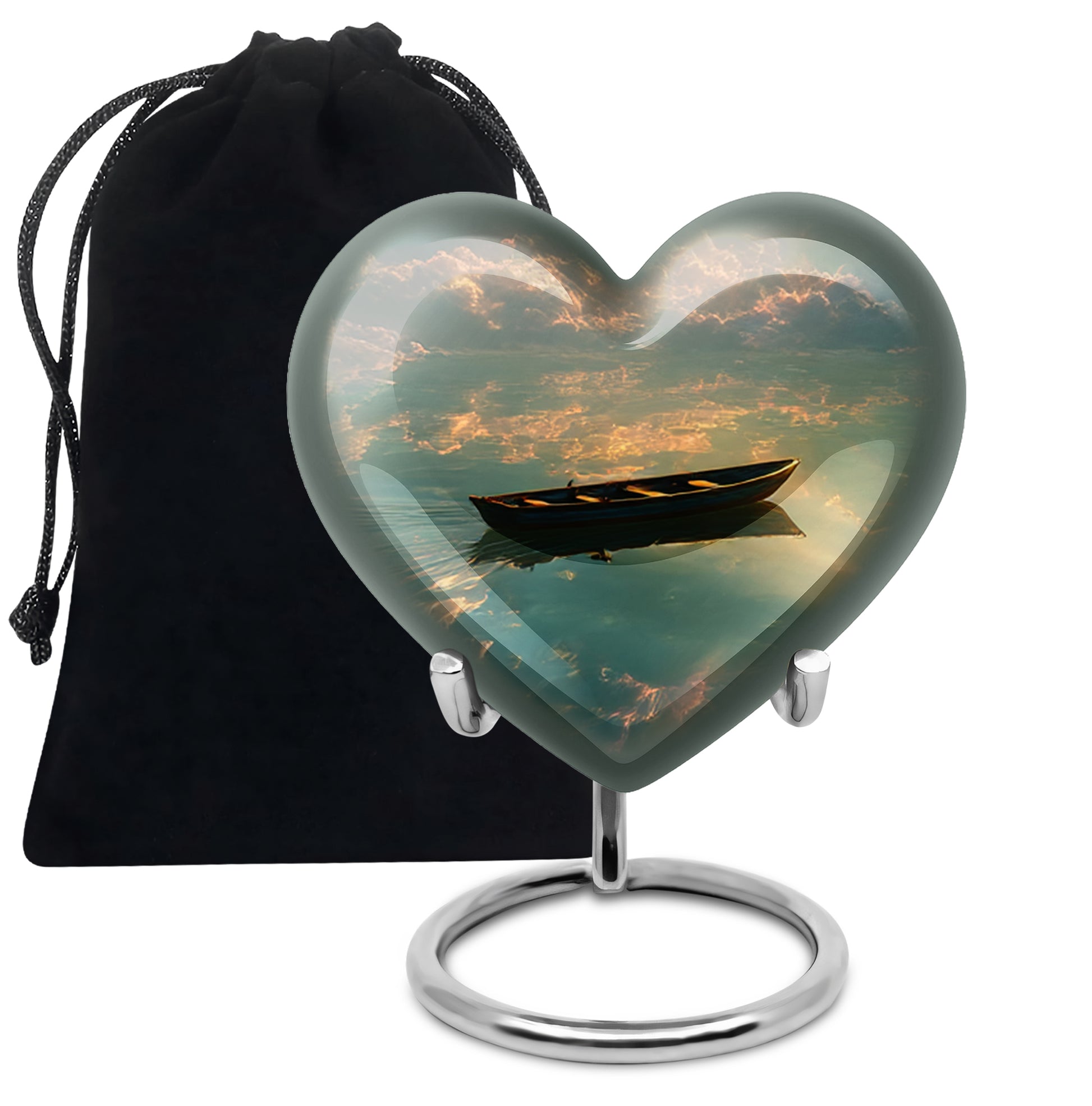 Midnight Black Boat Cremation Urn detail view - compassionate heart-boat combination with gentle curves - full-size 10 inch 200 cubic inch adult cremation urn