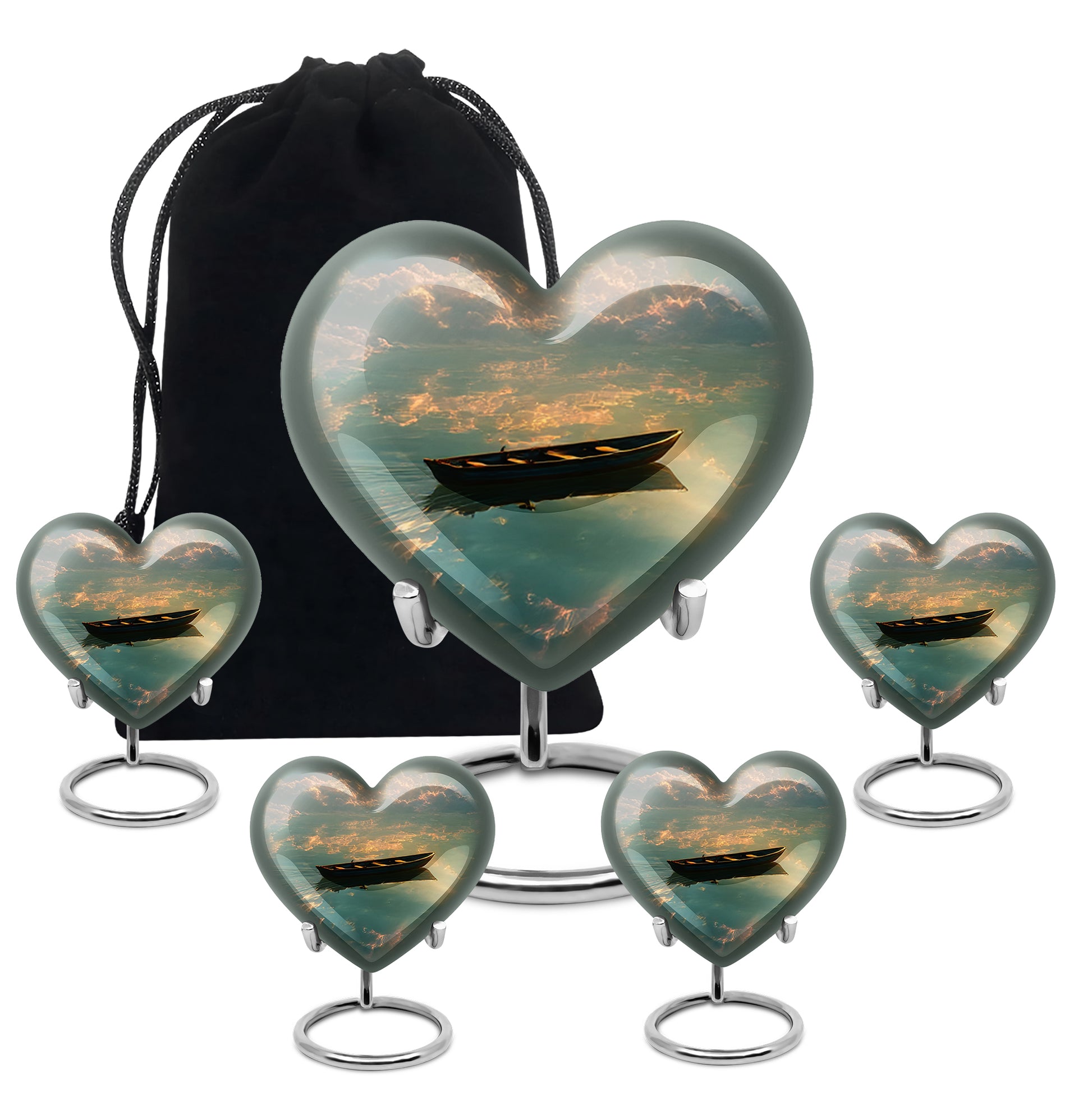 Onyx Black Boat Cremation Urn close-up of engraving and surface detail - romantic heart urn with boat motif on aluminum - memorial set with one large and four small urns