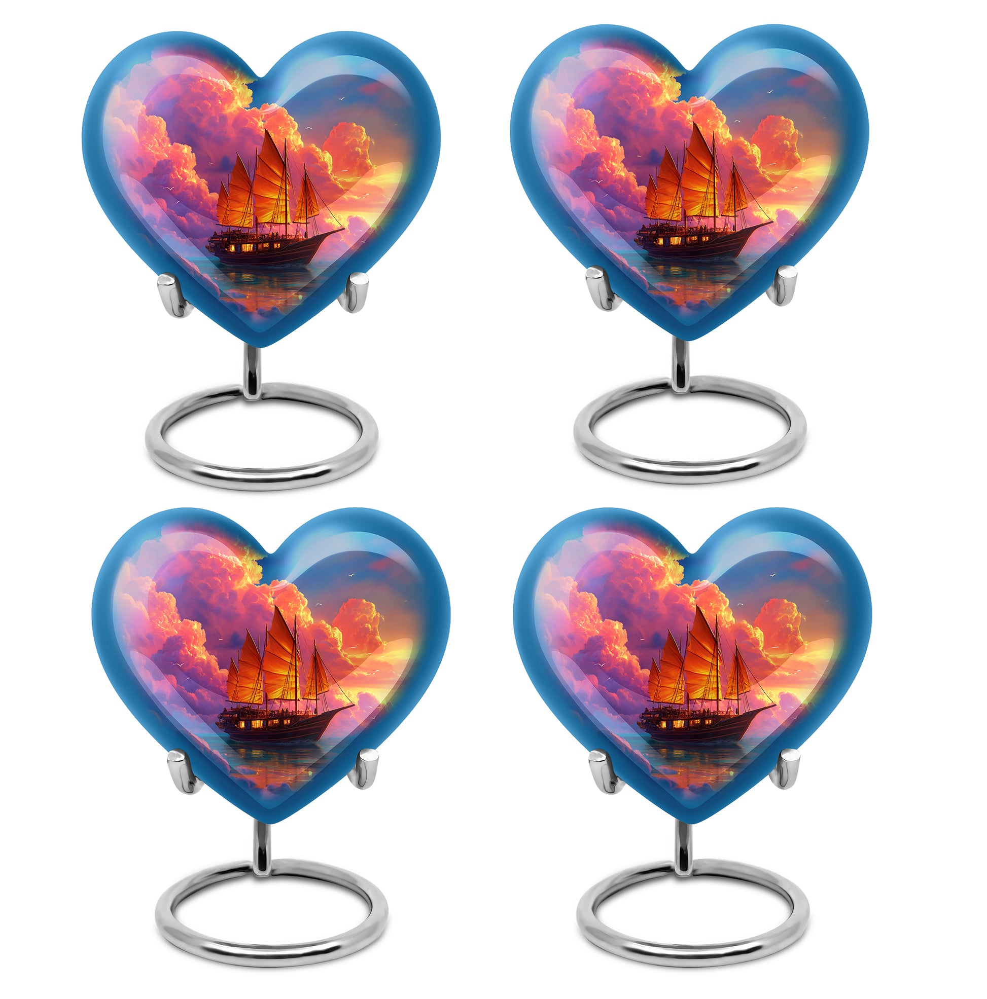 Royal Blue Boat Cremation Urn angled view of lid and engraved motif - compassionate heart-boat combination with gentle curves - 10 inch aluminum urn for cremated remains