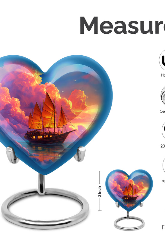 Celestial Blue Boat Cremation Urn front view showing detailed design - heart-shaped boat design symbolizing eternal love - mini keepsake memorial for portion of cremation ashes