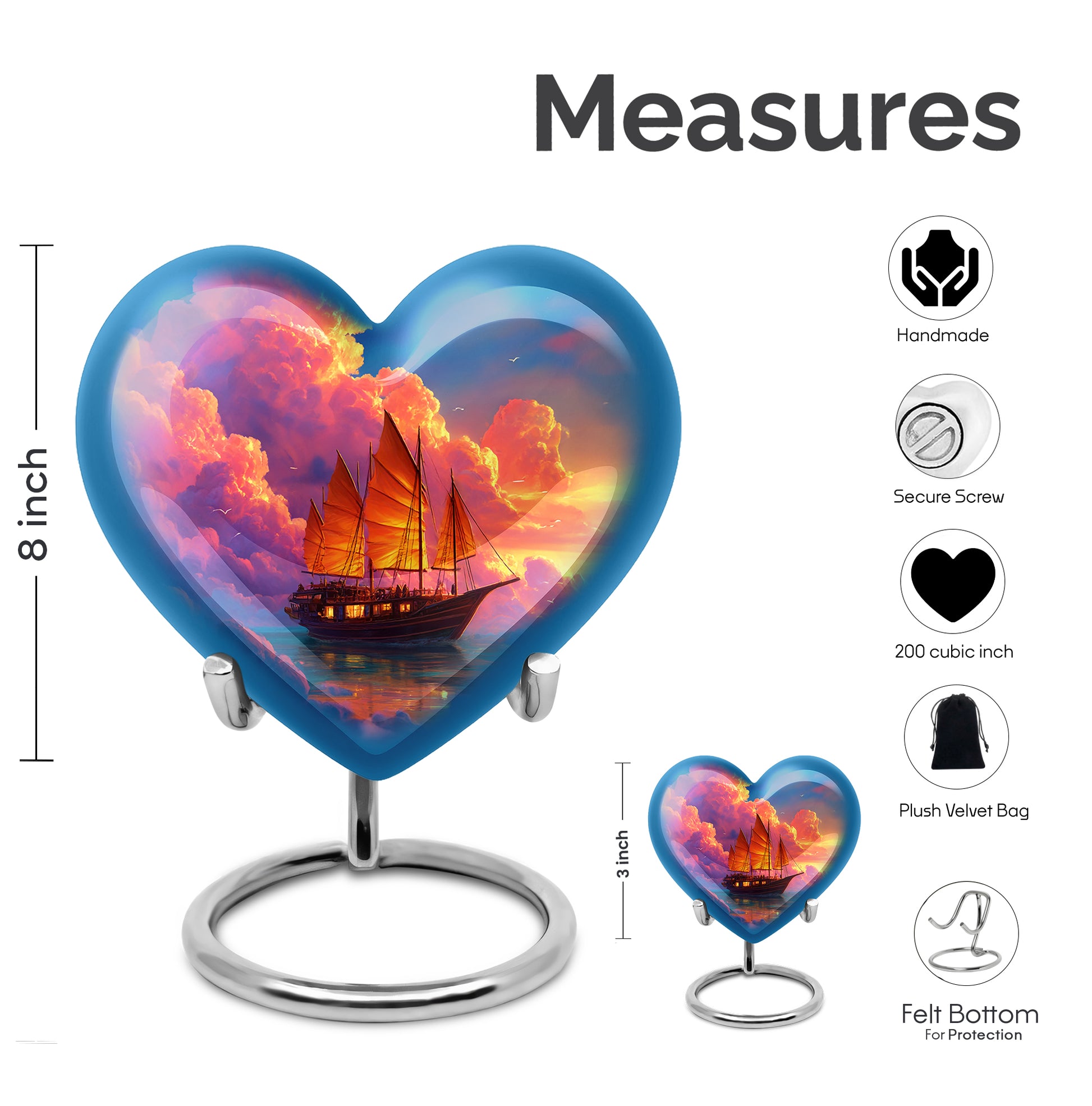 Celestial Blue Boat Cremation Urn front view showing detailed design - heart-shaped boat design symbolizing eternal love - mini keepsake memorial for portion of cremation ashes