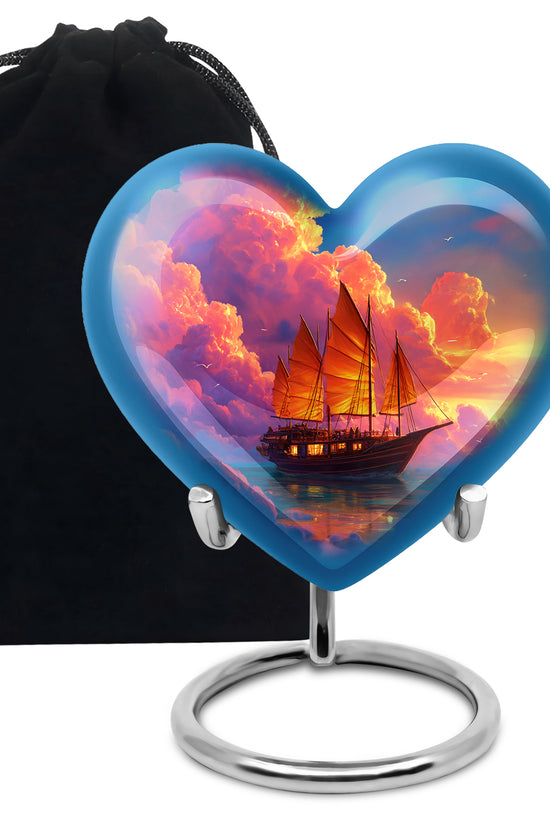 Azure Boat Cremation Urn detail view - loving heart memorial featuring boat pattern - full-size 10 inch 200 cubic inch adult cremation urn