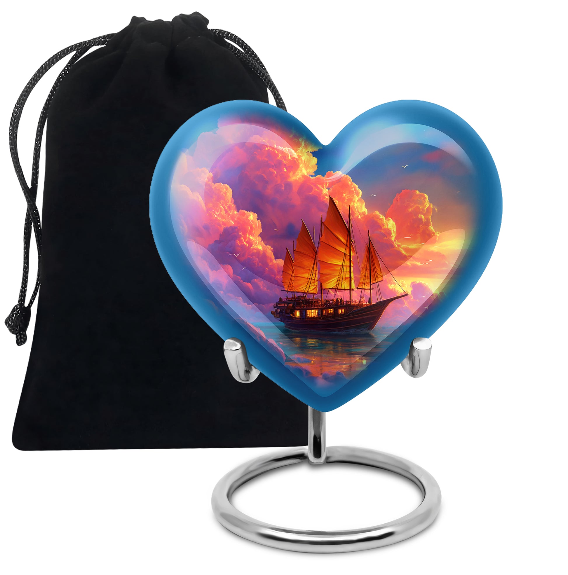 Azure Boat Cremation Urn detail view - loving heart memorial featuring boat pattern - full-size 10 inch 200 cubic inch adult cremation urn