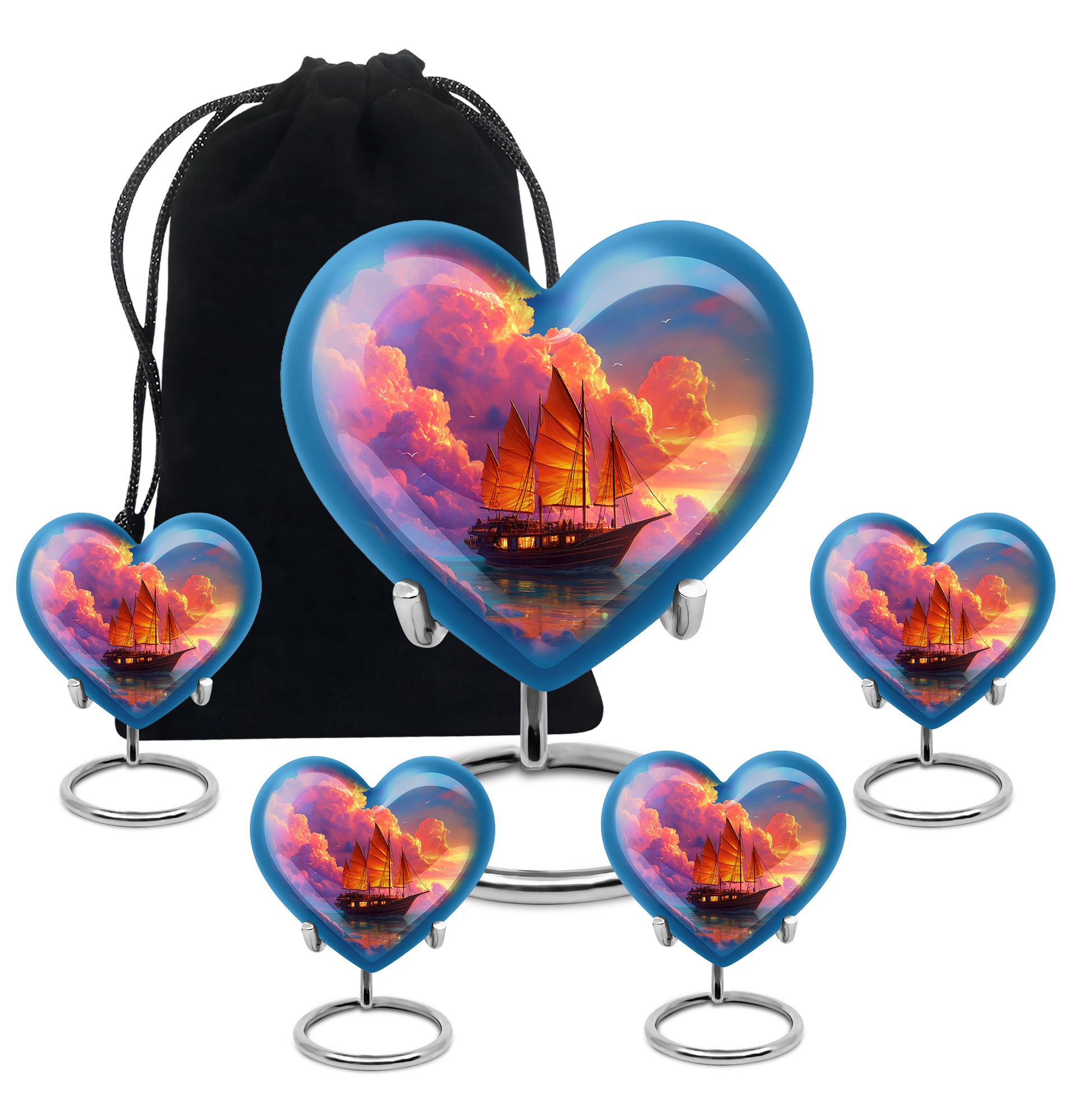 Navy Blue Boat Cremation Urn close-up of engraving and surface detail - heart-shaped boat design symbolizing eternal love - memorial set with one large and four small urns