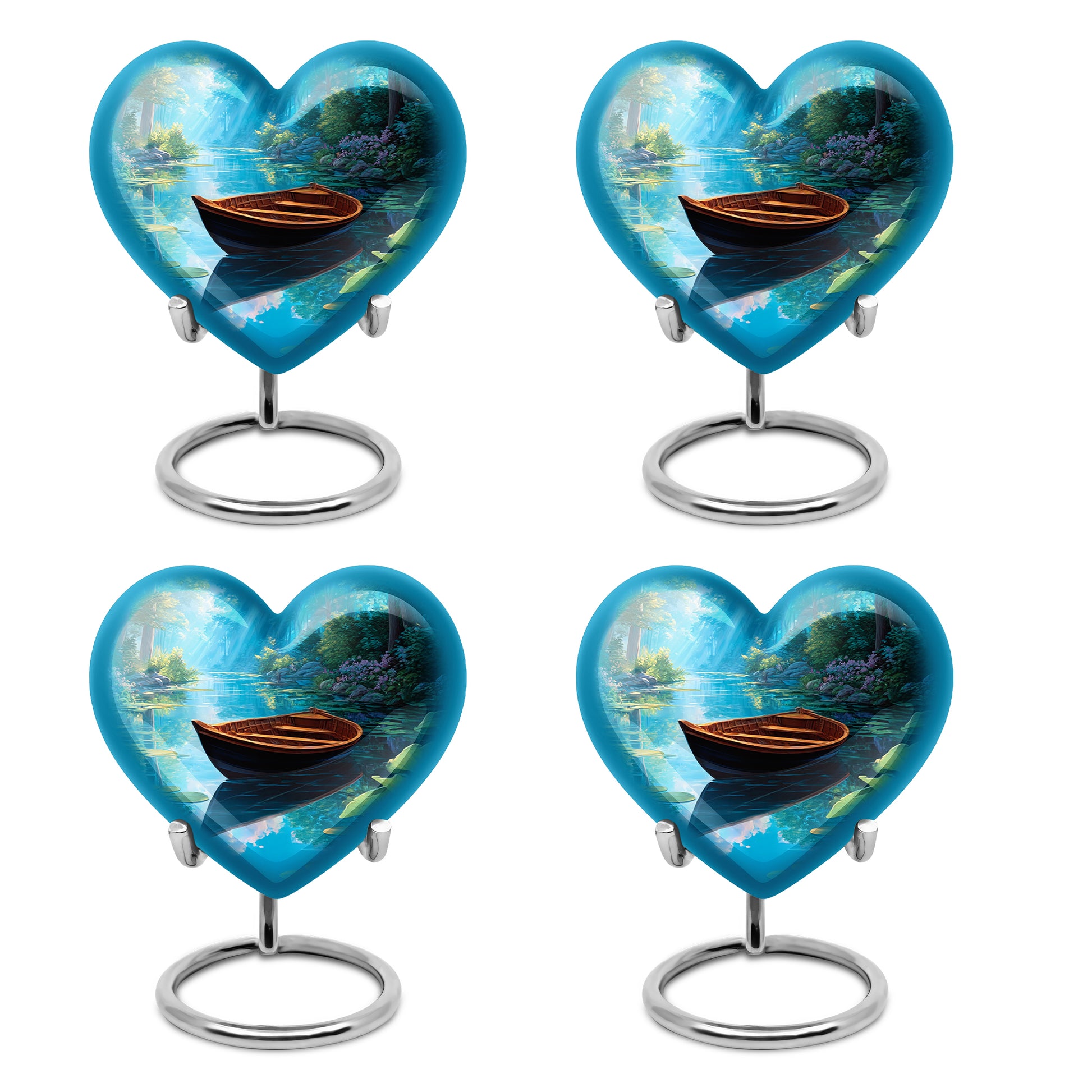 Misty Blue Boat Cremation Urn angled view of lid and engraved motif - heart-shaped boat design symbolizing eternal love - 10 inch aluminum urn for cremated remains