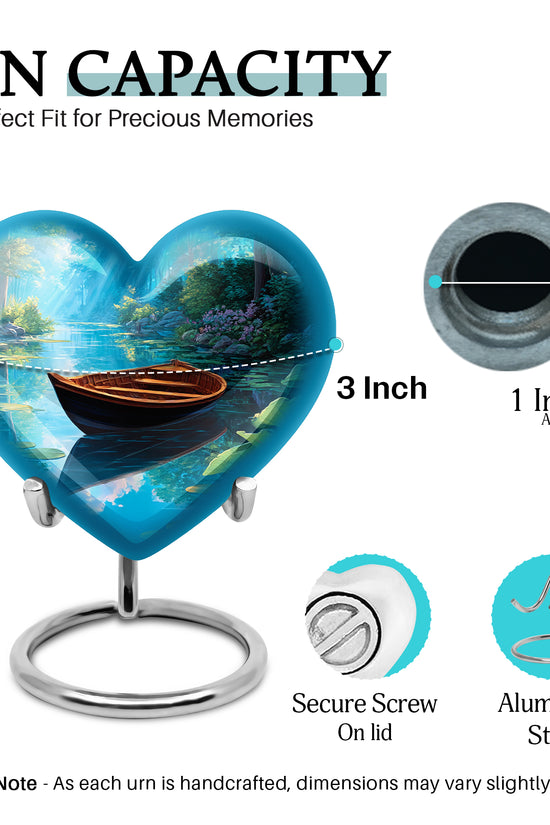 Serene Blue Boat Cremation Urn front view showing detailed design - romantic heart urn with boat motif on aluminum - mini keepsake memorial for portion of cremation ashes