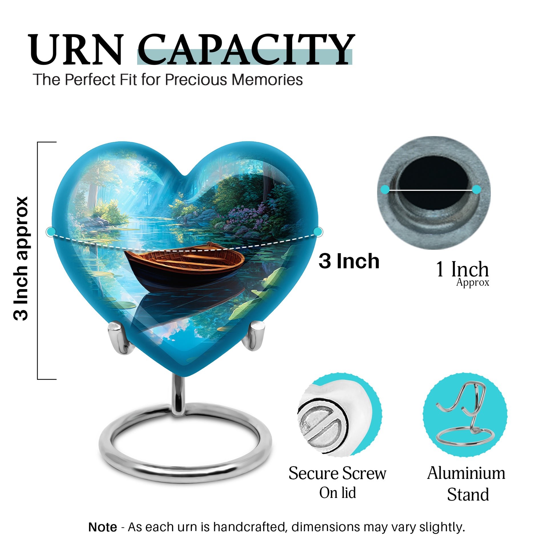 Serene Blue Boat Cremation Urn front view showing detailed design - romantic heart urn with boat motif on aluminum - mini keepsake memorial for portion of cremation ashes