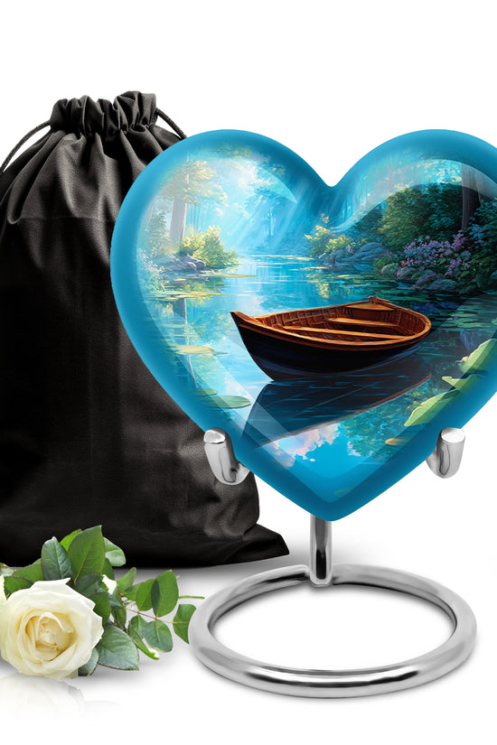 Slate Blue Boat Cremation Urn detail view - loving heart memorial featuring boat pattern - full-size 10 inch 200 cubic inch adult cremation urn