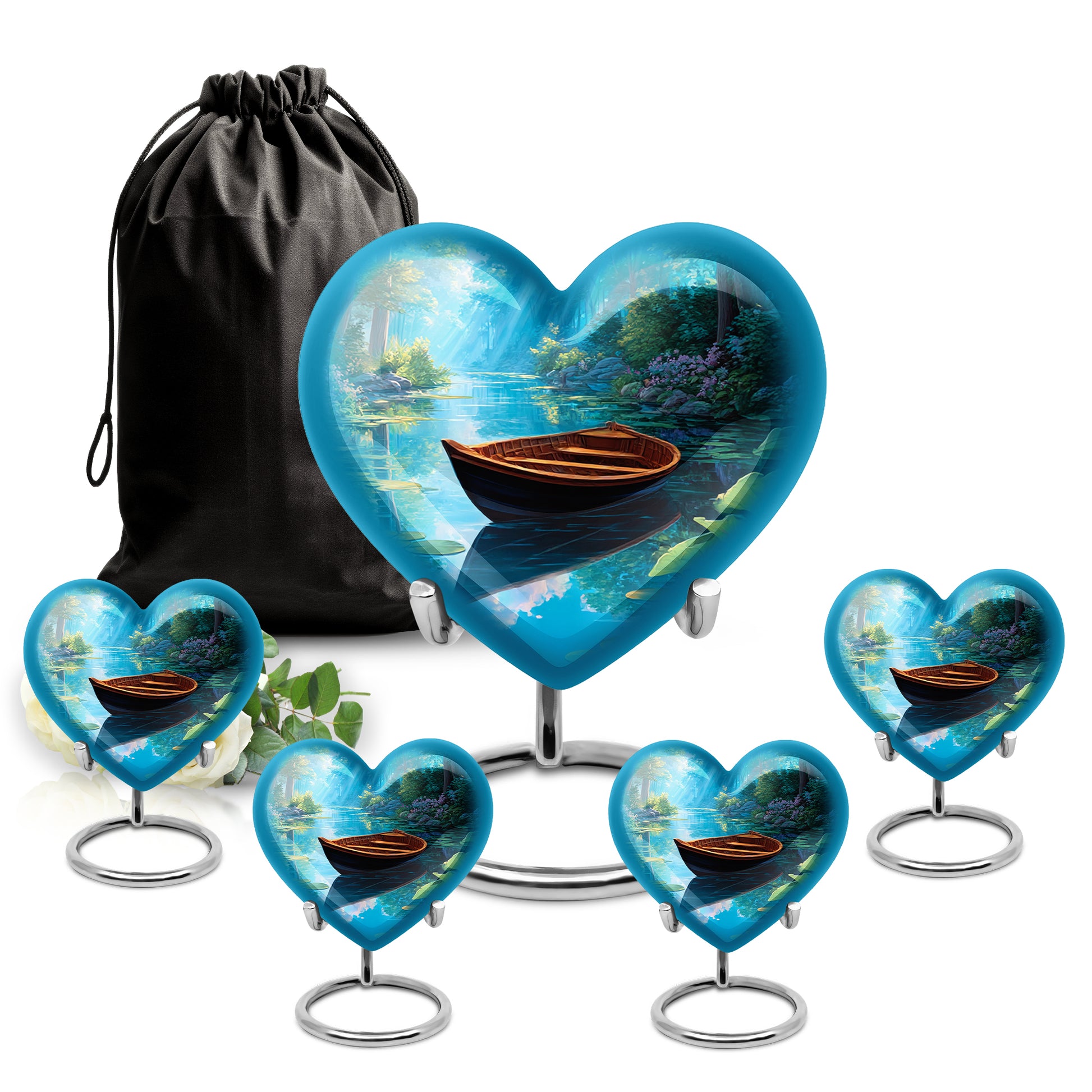Pastel Blue Boat Cremation Urn close-up of engraving and surface detail - heart-shaped boat design symbolizing eternal love - memorial set with one large and four small urns