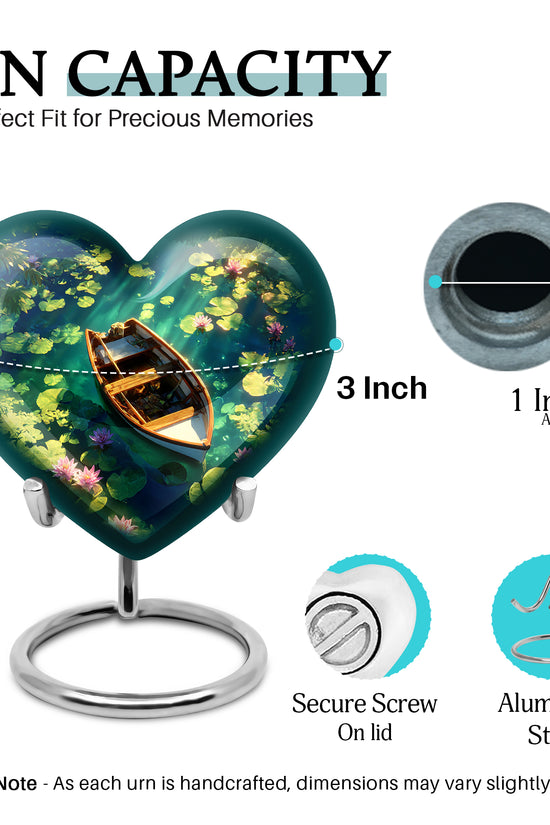 Twilight Blue Boat Cremation Urn front view showing detailed design - romantic heart urn with boat motif on aluminum - mini keepsake memorial for portion of cremation ashes