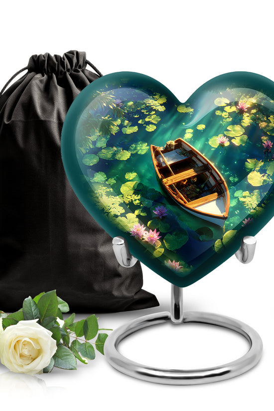 Calming Blue Boat Cremation Urn detail view - compassionate heart-boat combination with gentle curves - full-size 10 inch 200 cubic inch adult cremation urn