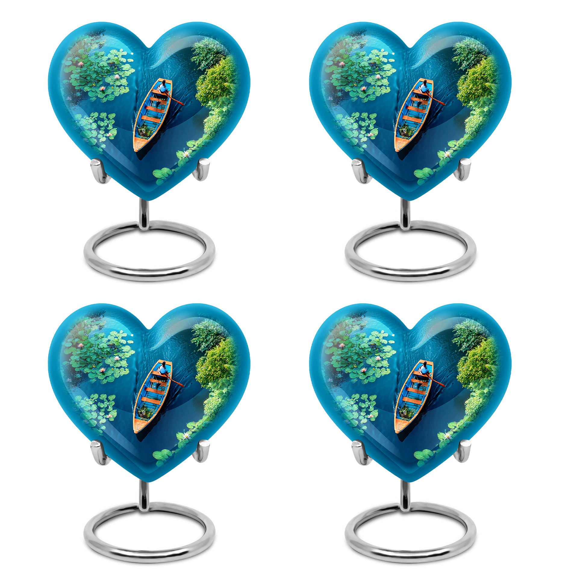 Aqua Teal Boat Cremation Urn angled view of lid and engraved motif - compassionate heart-boat combination with gentle curves - 10 inch aluminum urn for cremated remains