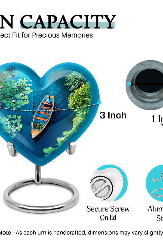 Jewel Teal Boat Cremation Urn front view showing detailed design - heart-shaped boat design symbolizing eternal love - mini keepsake memorial for portion of cremation ashes