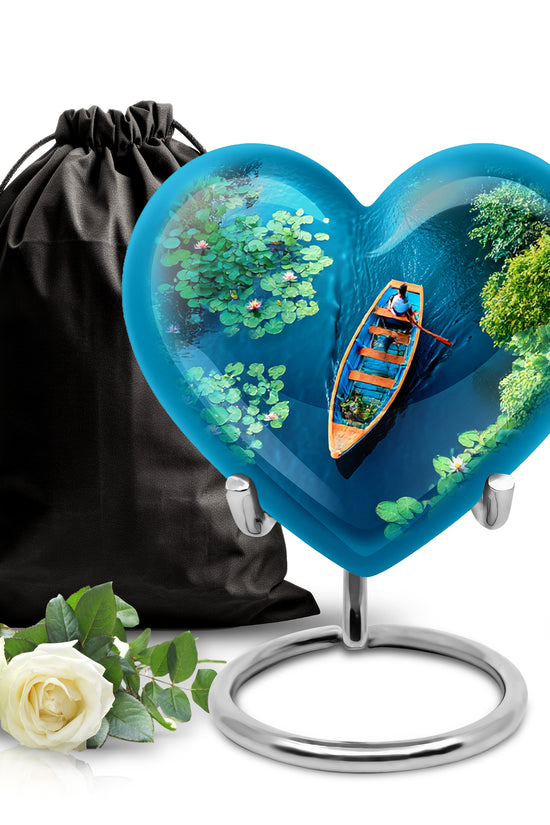 Ocean Teal Boat Cremation Urn detail view - loving heart memorial featuring boat pattern - full-size 10 inch 200 cubic inch adult cremation urn