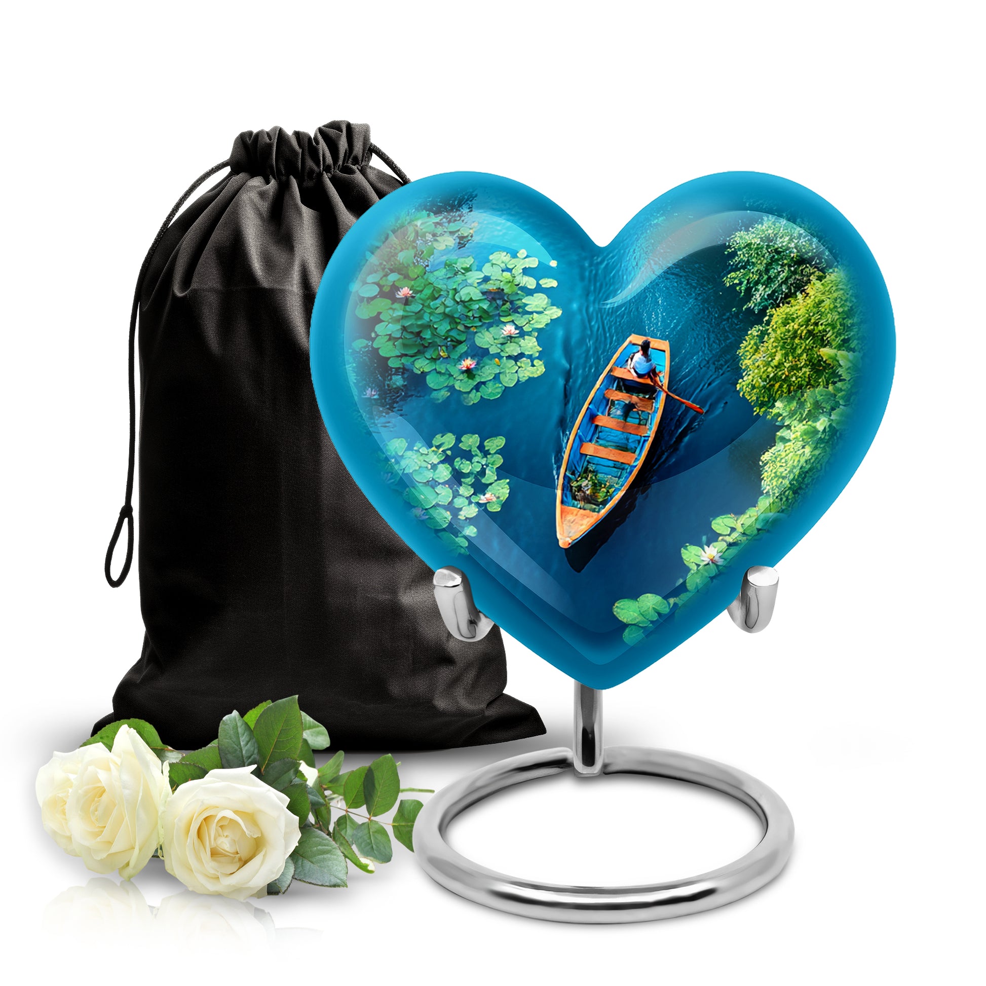 Ocean Teal Boat Cremation Urn detail view - loving heart memorial featuring boat pattern - full-size 10 inch 200 cubic inch adult cremation urn