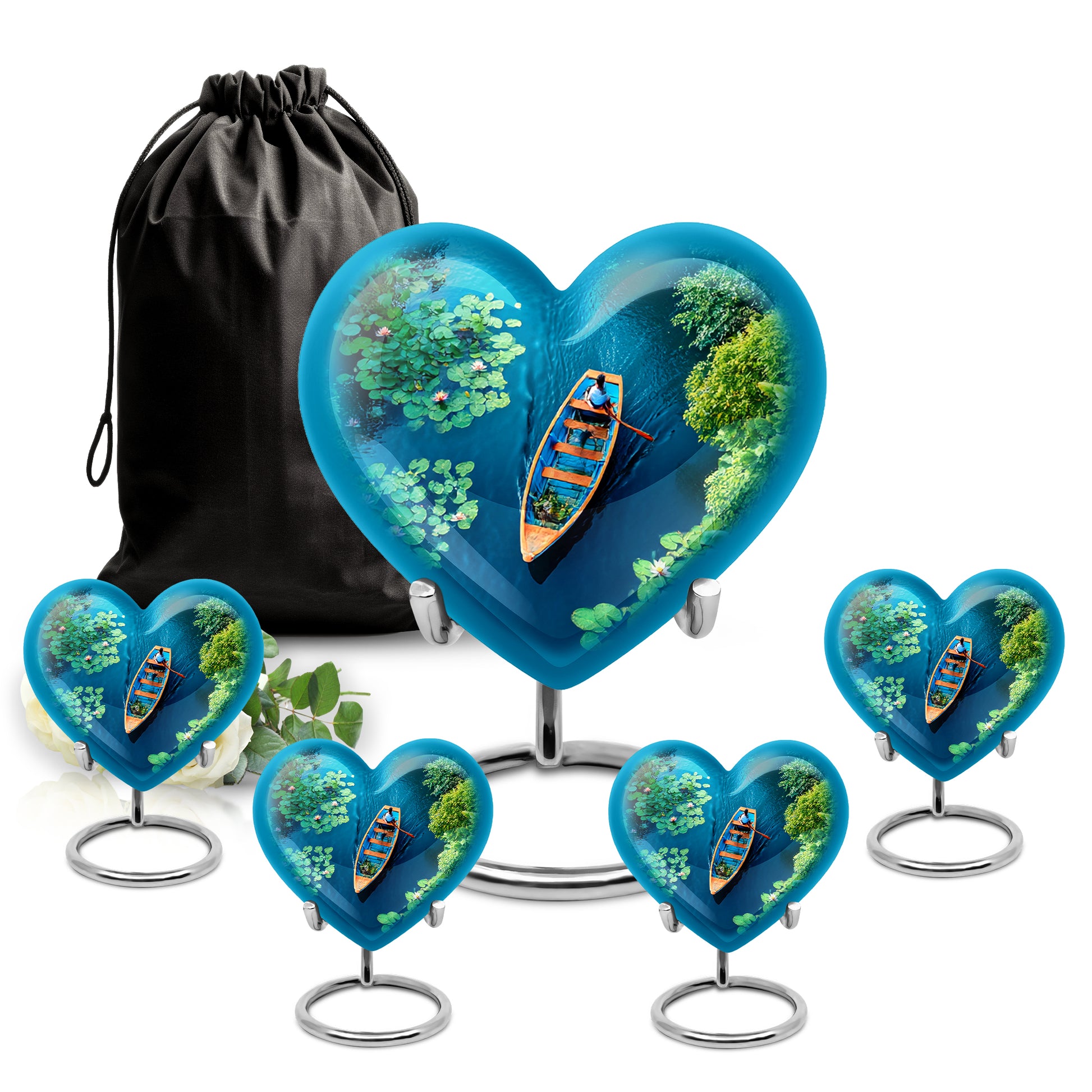 Soft Teal Boat Cremation Urn close-up of engraving and surface detail - loving heart memorial featuring boat pattern - memorial set with one large and four small urns