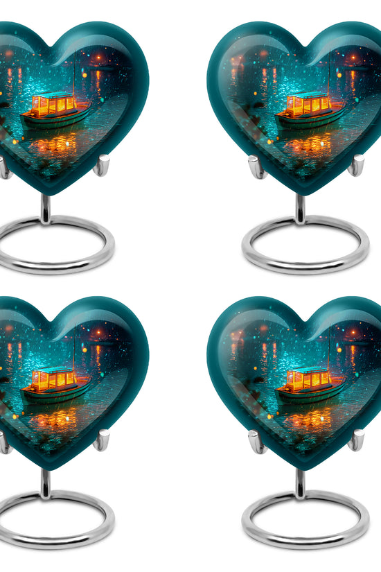 Aqua Teal Boat Cremation Urn angled view of lid and engraved motif - romantic heart urn with boat motif on aluminum - 10 inch aluminum urn for cremated remains