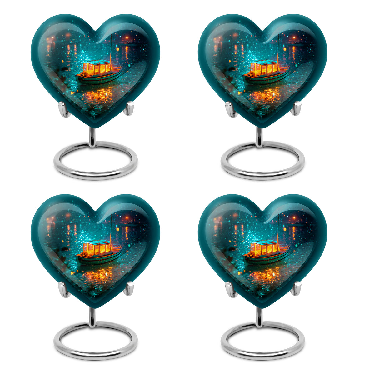 Aqua Teal Boat Cremation Urn angled view of lid and engraved motif - romantic heart urn with boat motif on aluminum - 10 inch aluminum urn for cremated remains
