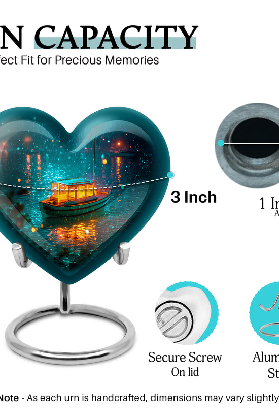 Deep Teal Boat Cremation Urn front view showing detailed design - compassionate heart-boat combination with gentle curves - mini keepsake memorial for portion of cremation ashes