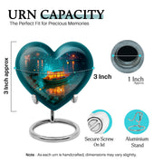 Deep Teal Boat Cremation Urn front view showing detailed design - compassionate heart-boat combination with gentle curves - mini keepsake memorial for portion of cremation ashes