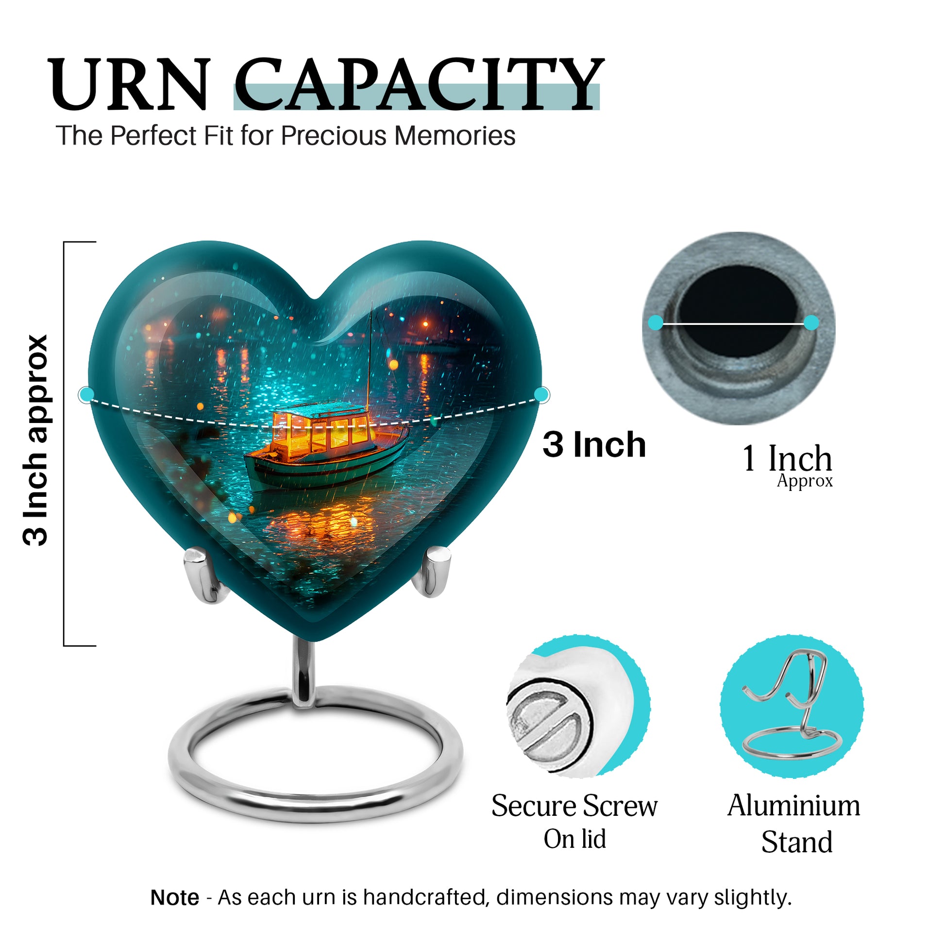 Deep Teal Boat Cremation Urn front view showing detailed design - compassionate heart-boat combination with gentle curves - mini keepsake memorial for portion of cremation ashes