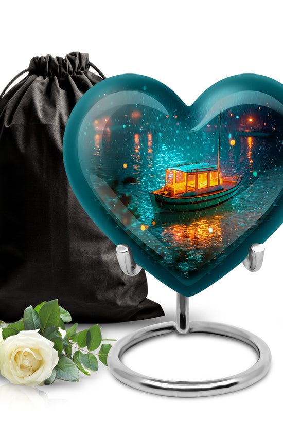 Mystic Teal Boat Cremation Urn detail view - compassionate heart-boat combination with gentle curves - full-size 10 inch 200 cubic inch adult cremation urn