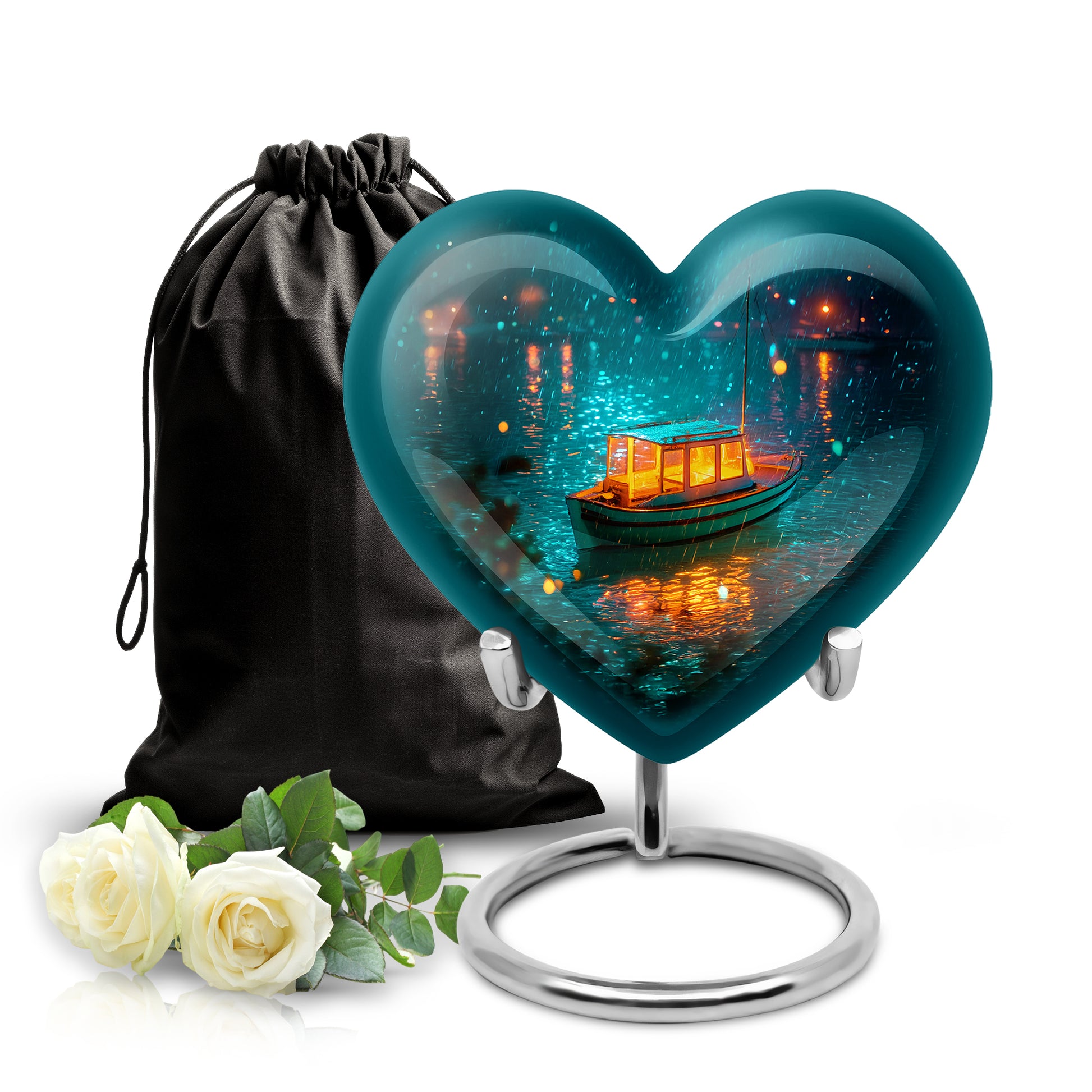 Mystic Teal Boat Cremation Urn detail view - compassionate heart-boat combination with gentle curves - full-size 10 inch 200 cubic inch adult cremation urn
