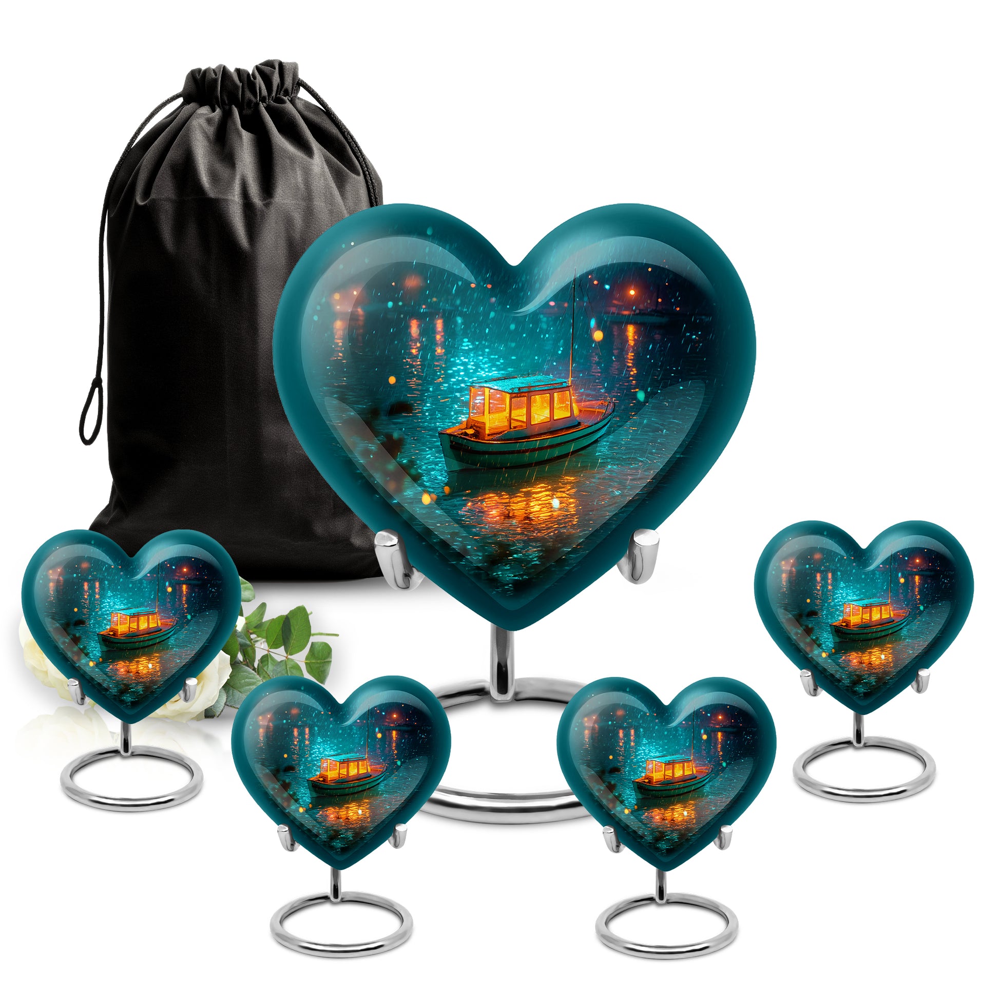 Tropical Teal Boat Cremation Urn close-up of engraving and surface detail - romantic heart urn with boat motif on aluminum - memorial set with one large and four small urns