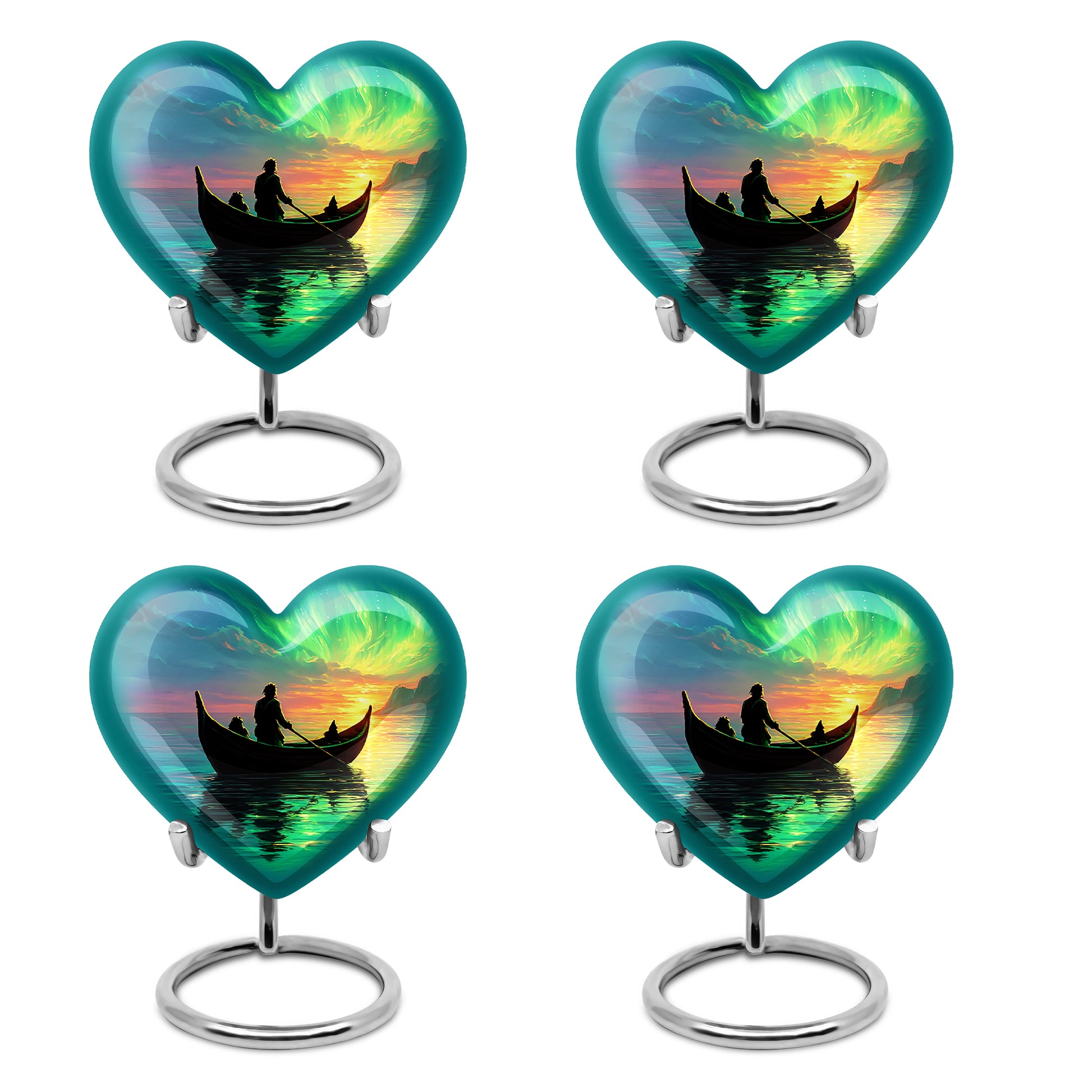 Misty Blue Boat Cremation Urn angled view of lid and engraved motif - heart-shaped boat design symbolizing eternal love - 10 inch aluminum urn for cremated remains