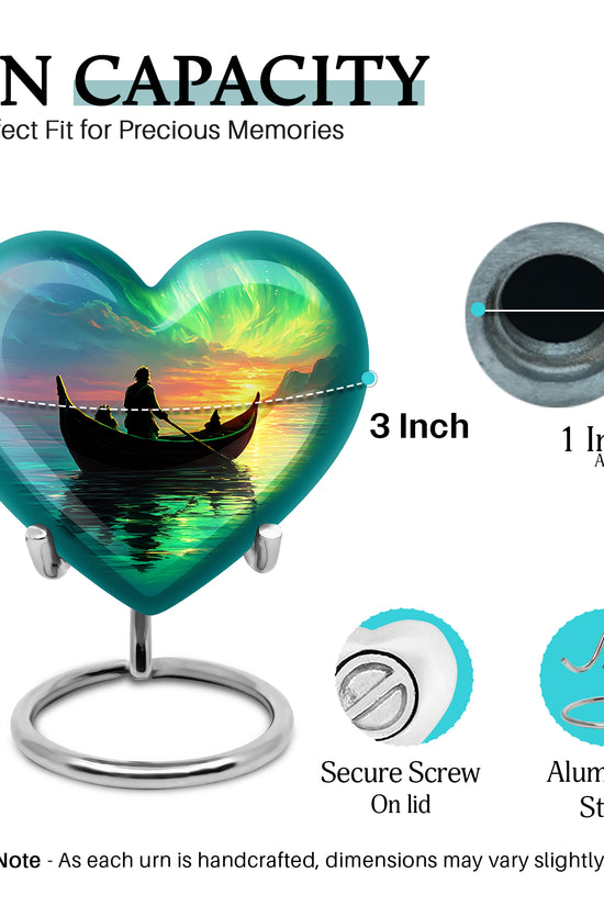 Vivid Blue Boat Cremation Urn front view showing detailed design - compassionate heart-boat combination with gentle curves - mini keepsake memorial for portion of cremation ashes