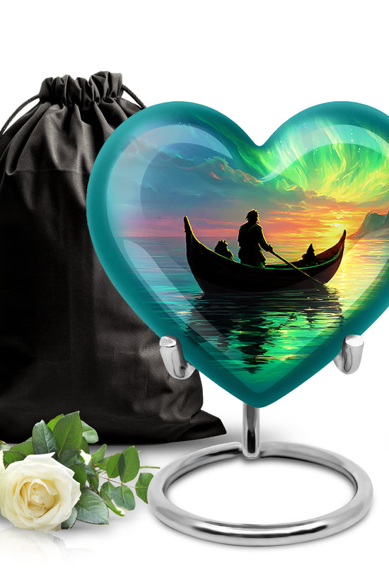Powder Blue Boat Cremation Urn detail view - loving heart memorial featuring boat pattern - full-size 10 inch 200 cubic inch adult cremation urn