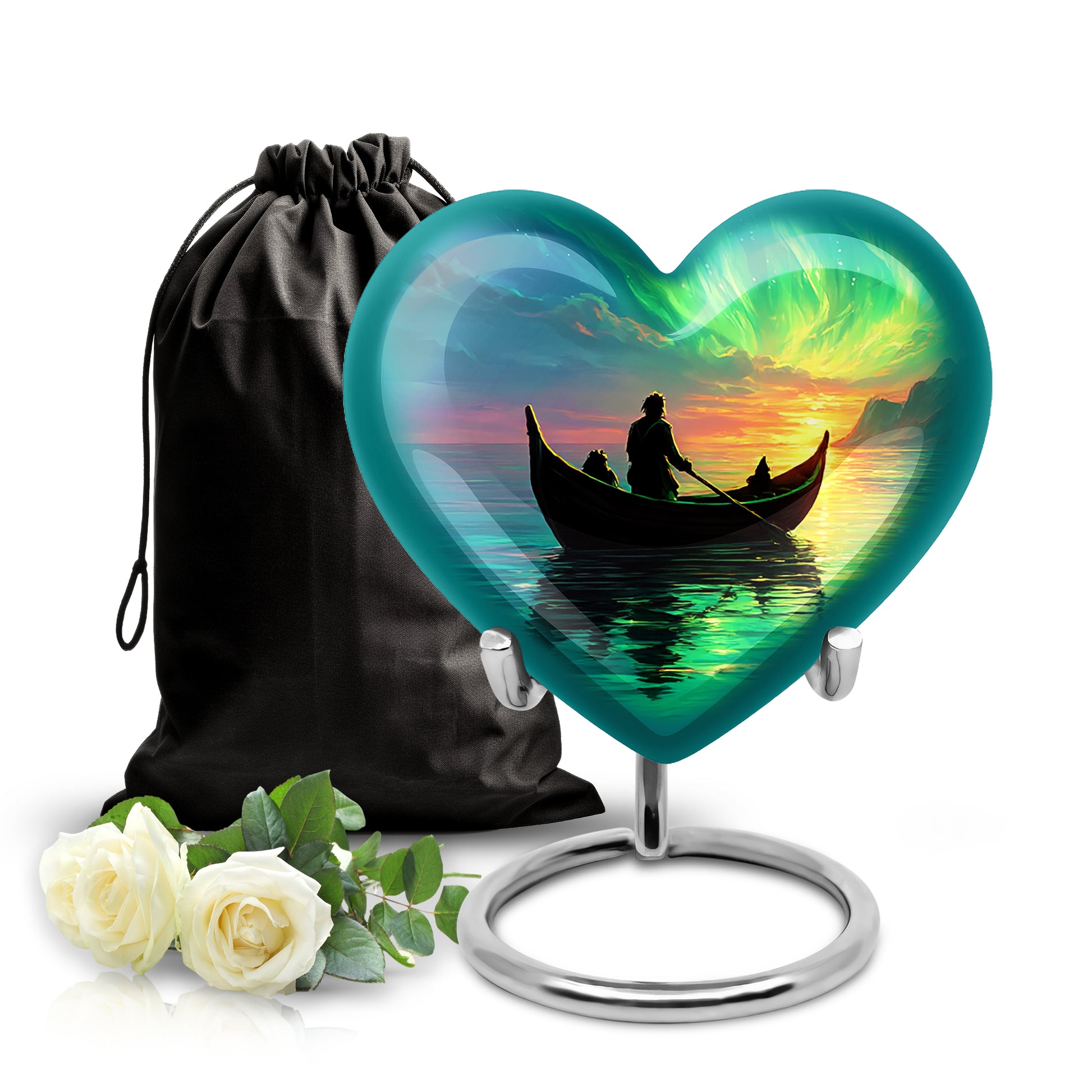Powder Blue Boat Cremation Urn detail view - loving heart memorial featuring boat pattern - full-size 10 inch 200 cubic inch adult cremation urn