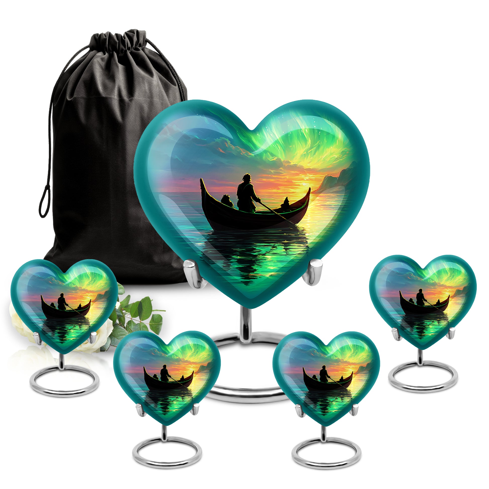 Indigo Boat Cremation Urn close-up of engraving and surface detail - heart-shaped boat design symbolizing eternal love - memorial set with one large and four small urns