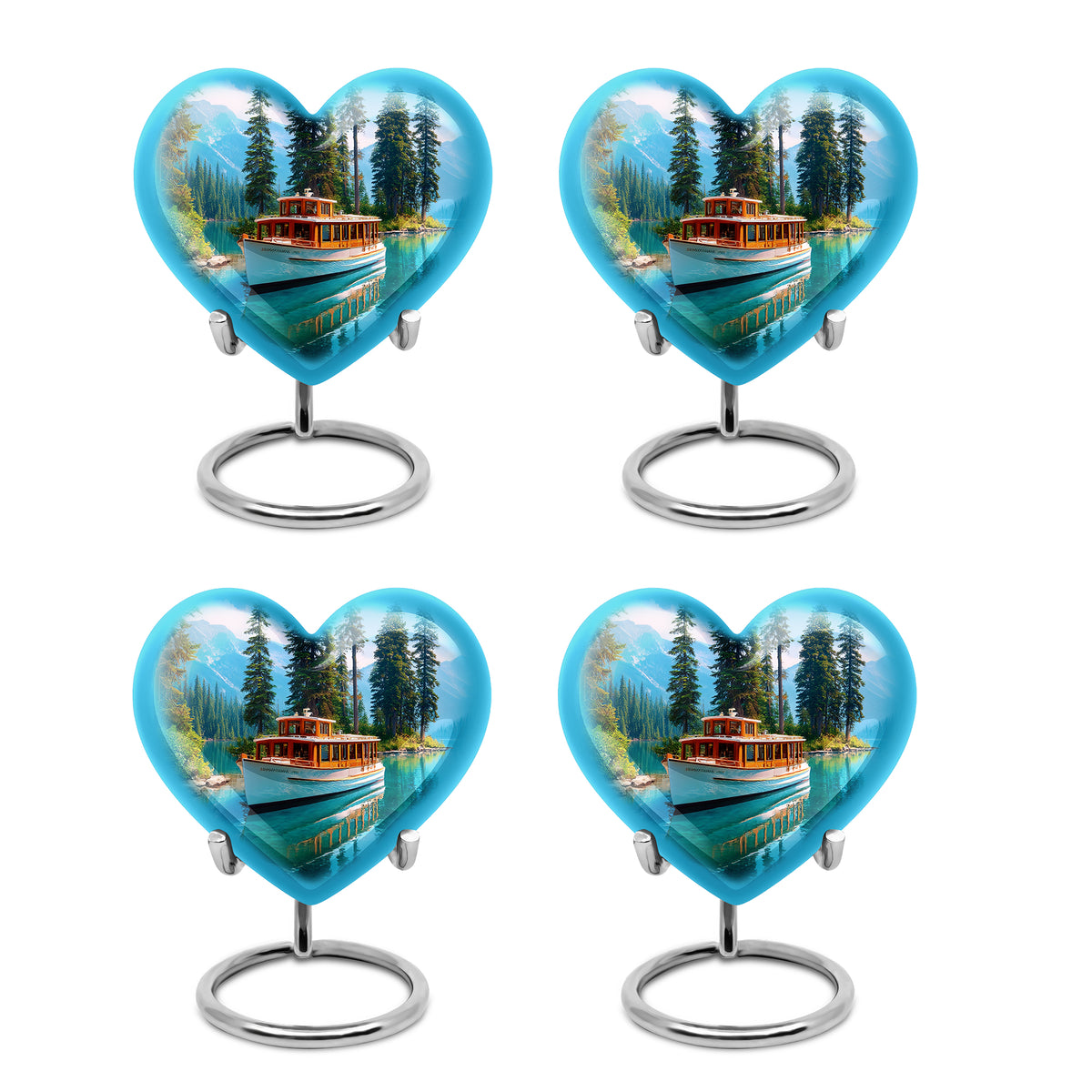Soft Blue Boat Cremation Urn angled view of lid and engraved motif - compassionate heart-boat combination with gentle curves - 10 inch aluminum urn for cremated remains