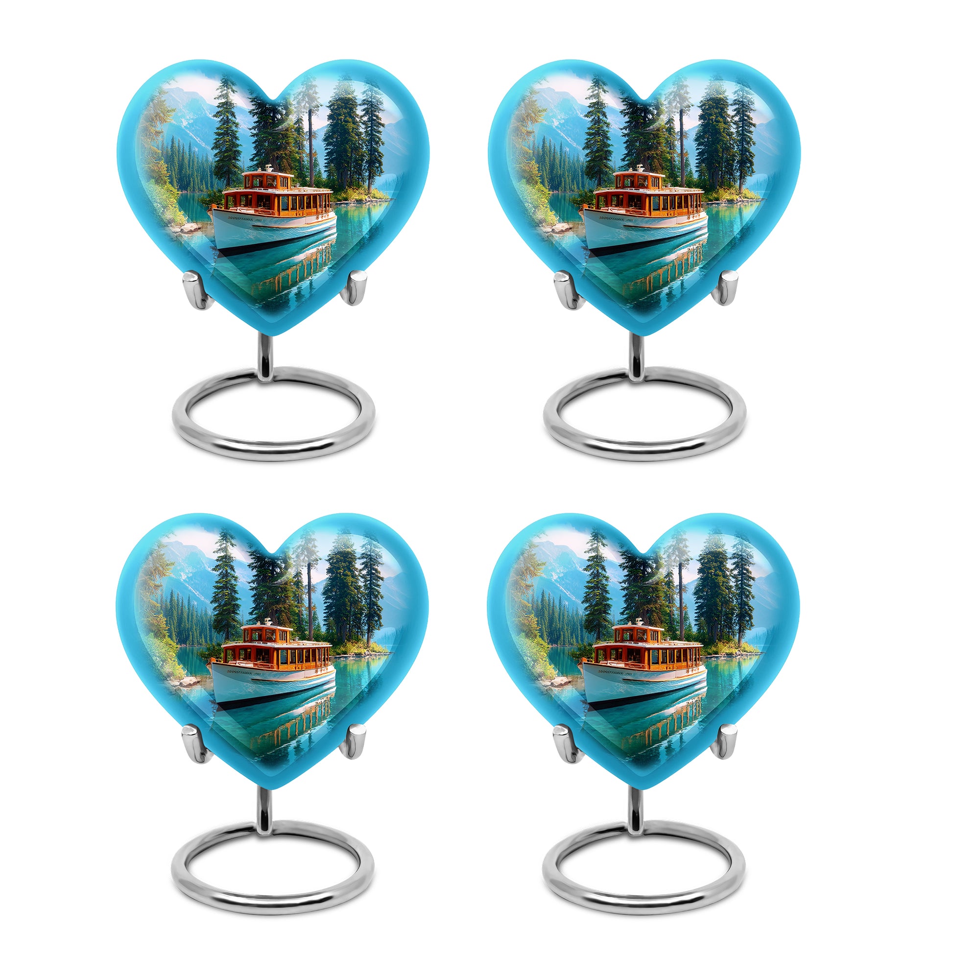 Soft Blue Boat Cremation Urn angled view of lid and engraved motif - compassionate heart-boat combination with gentle curves - 10 inch aluminum urn for cremated remains
